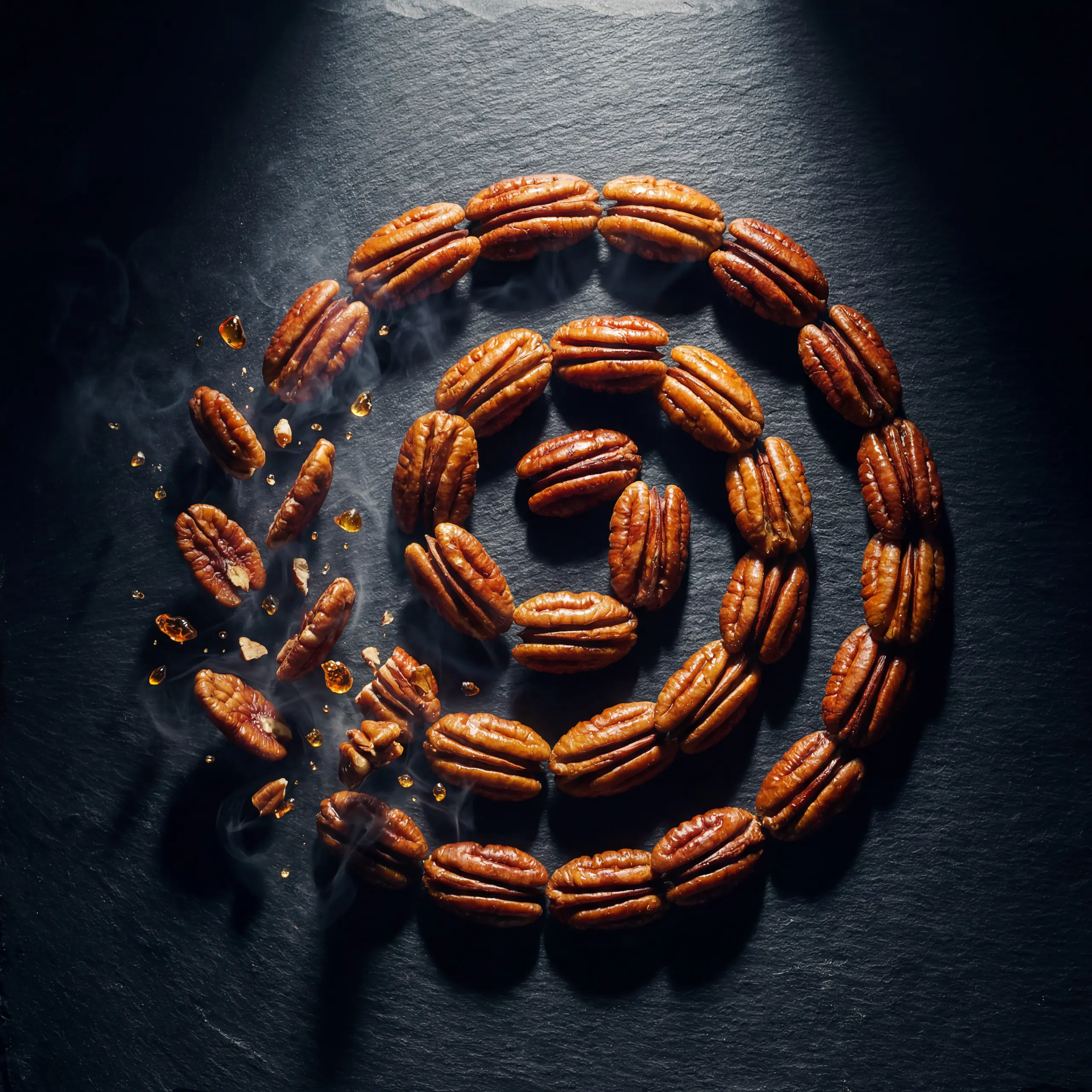 Noix de pécan disposées en spirale - symbole de précision